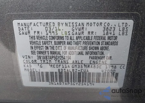 2016 Nissan Sentra S from USA, damaged, VIN 3N1AB7AP5GY254194